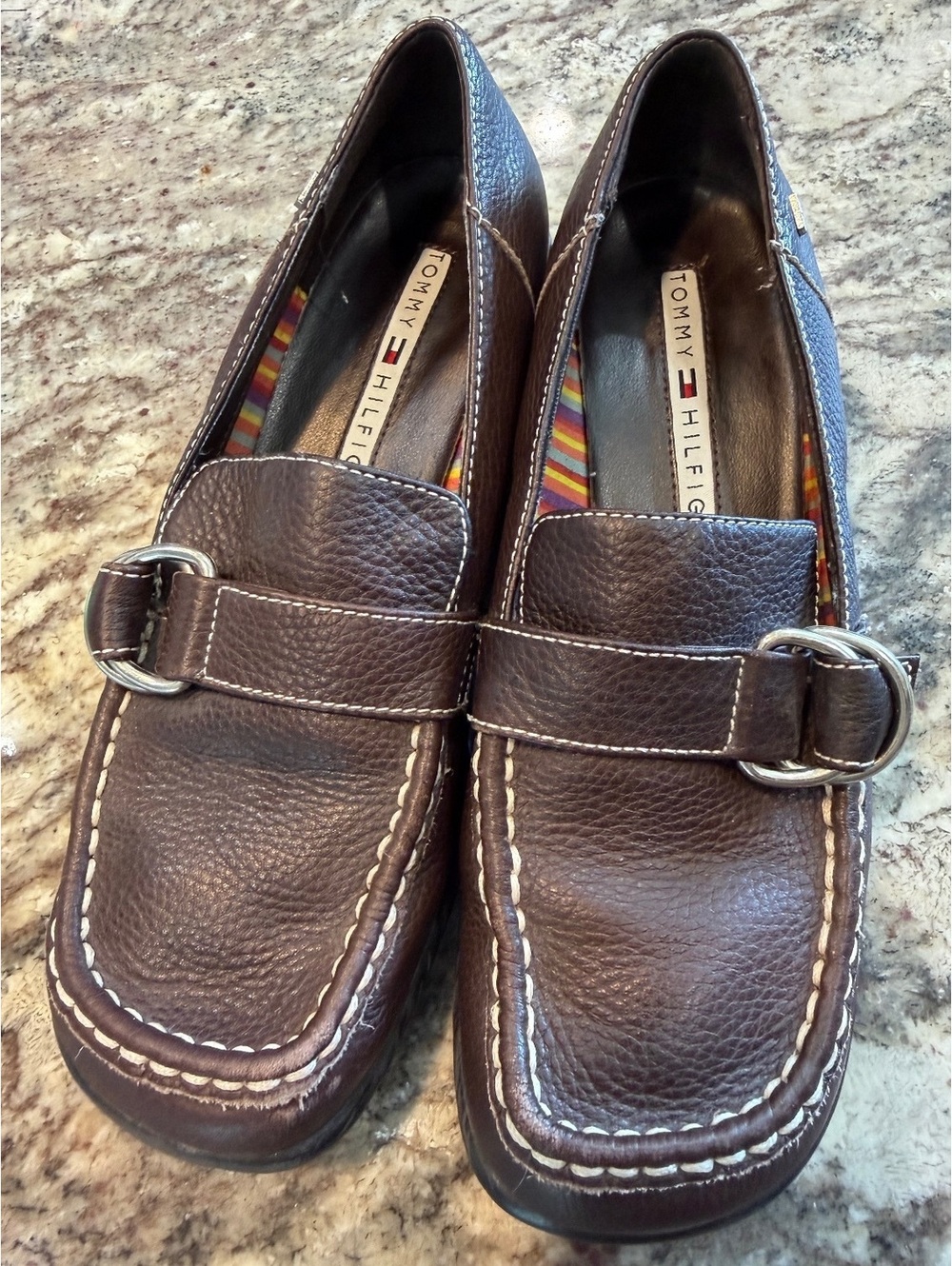 Vintage Tommy Hilfiger Women's Brown Leather Loafers with Buckle Detail, Size 5